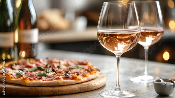 Fototapeta A group of friends enjoys a relaxed rosÃ© wine and pizza night at home