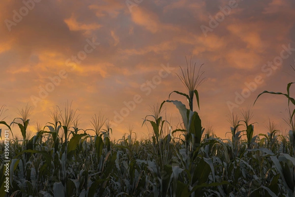 Fototapeta Corn field in the evening light. 3D Rendering