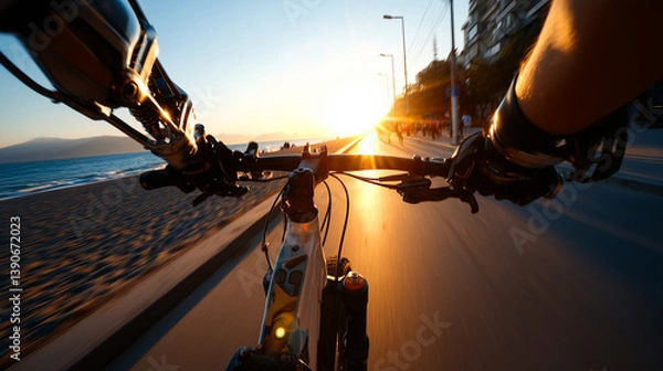 Fototapeta Person with a prosthetic arms enjoying a scenic bike ride on a beach path at sunset