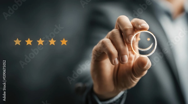 Fototapeta Businessman holding a glowing smiley face icon with five golden stars, symbolizing excellent customer satisfaction and positive feedback on a dark background.