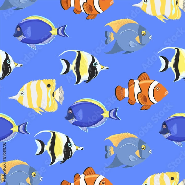 Obraz Seamless pattern of clown fish,surgeon fish,butterfly fish,angel fish,Moorish idol on a blue background.Vector pattern for textiles,for summer designs, backgrounds.