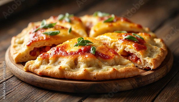 Fototapeta freshly baked calzone with golden brown crust, kitchen setting with wooden table, afternoon light with natural shadows, top-down view capturing rustic appeal, cheese and sauce oozing from edges
