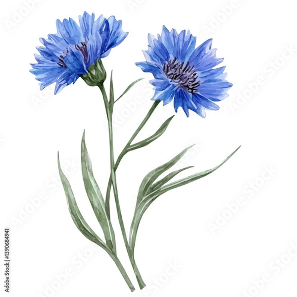 Obraz A watercolor painting of cornflower branch, isolated on a white background. Cornflower branch vector

