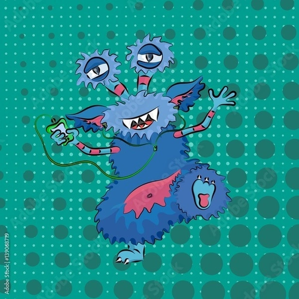 Fototapeta funny monster dancing on a green background pop art
