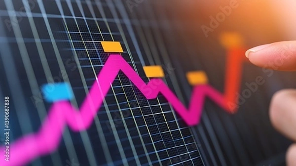 Obraz Analyzing Chart Data with Finger Pointing at Screen, Showing Fluctuating Trends and Potential Growth