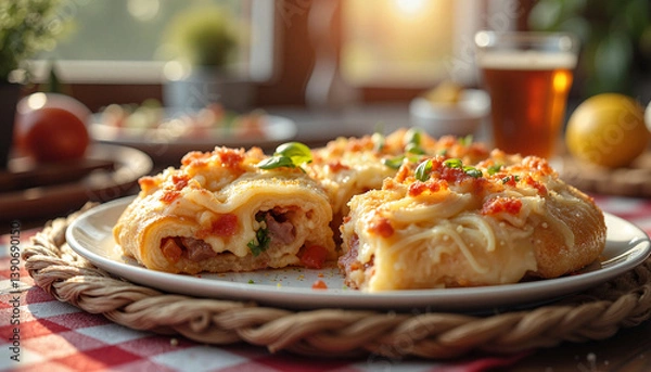 Fototapeta calzone with visible fillings, homey ambiance with checkered tablecloth, morning sunlight streaming through window, close-up view focusing on texture and ingredients, refreshing beverage nearby