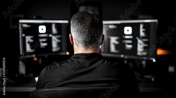 Obraz A focused individual working intently at dual computer monitors in a dimly lit office, representing the essence of remote work and the digital age.