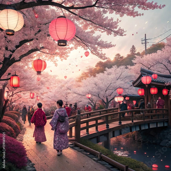 Fototapeta Digital Painting of Japanese Cherry Blossom Festival with Falling Petals and Deep Reds in 4K