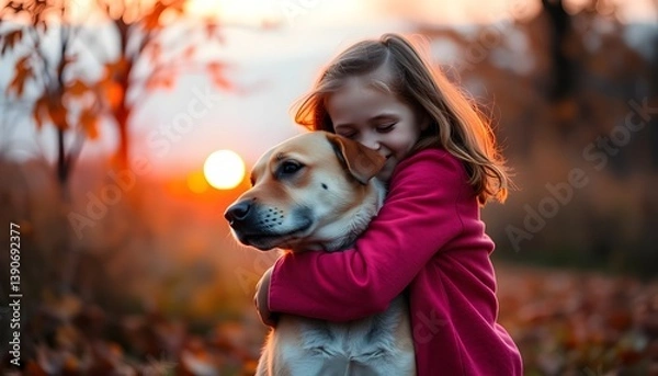 Obraz Smiling Girl Hugging Labrador Dog at Sunset in Autumn Forest