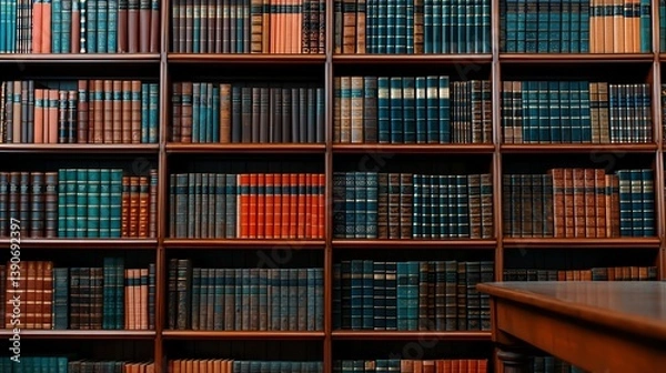 Obraz A stunning collection of vintage books arranged neatly on a wooden bookshelf, showcasing a rich tapestry of colors and textures