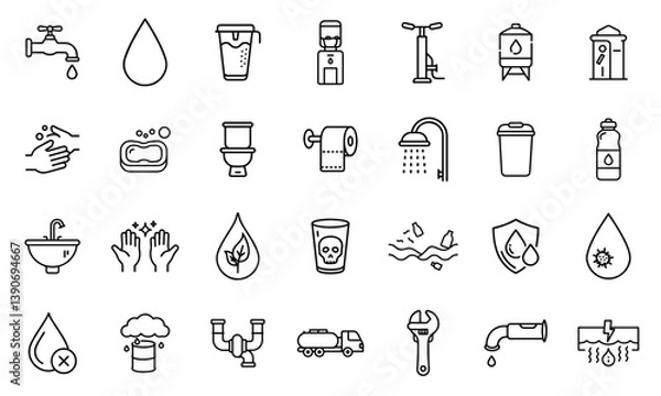 Obraz Outline icon set for clean water and sanitation. Editable stroke, modern and minimal design.