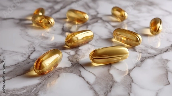 Fototapeta Shiny Golden Omega 3 Capsules on Marble Background Luxury Health Supplement Product Photo High Resolution Image Perfect for Wellness Websites Blogs and Social Media Posts Dietary Supplements          