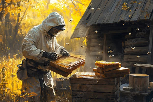 Fototapeta Beekeeper in protective suit tending beehives in a golden autumn forest with sunbeams