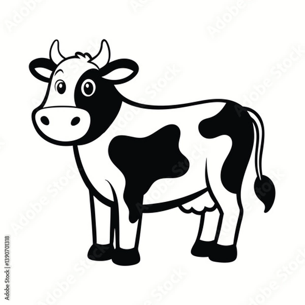 Fototapeta Cute Cow Illustration: A charming, black and white illustration of a cow stands, exuding a friendly vibe. Ideal for educational resources or adding a touch of farm life to your projects.