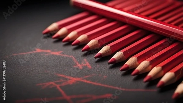Obraz A close-up of several red and black pencils arranged in a diagonal line