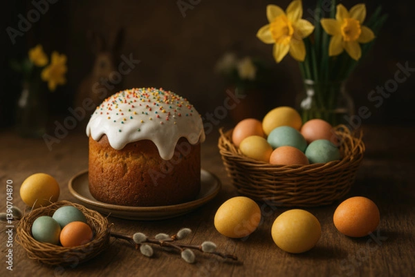 Obraz Easter celebration background scene with traditional glazed cake topped with sprinkles, colorful eggs in basket and a bird’s nest, spring flowers and chocolate bunny on a rustic brown wooden table