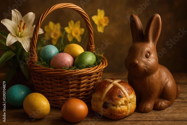 Obraz Easter festive theme scene with basket filled with colorful pastel eggs, chocolate bunny, traditional hot cross bun, and vibrant spring flowers  on rustic wooden table with warm brown background 