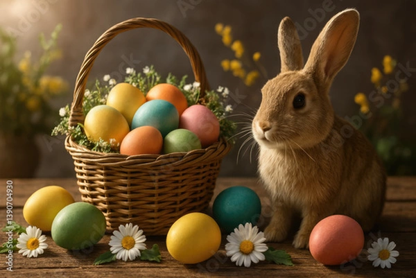 Obraz Happy Easter scene background with a cute brown bunny next to a wicker basket filled with colorful eggs and delicate white flowers, surrounded by daisies and more pastel eggs on rustic wooden table