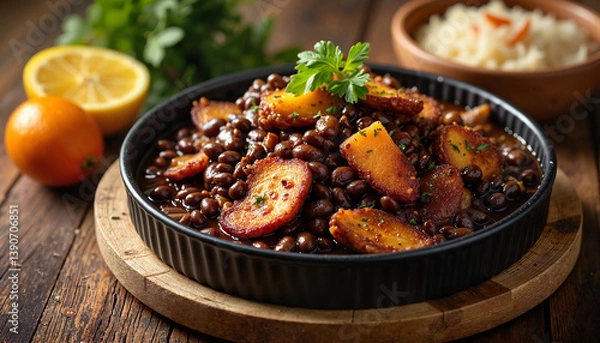 Fototapeta traditional Brazilian feijoada dish with black beans and pork, indoor setting at a rustic wooden table, top-down view, soft ambient lighting highlighting the textures of the dish, garnished with fresh