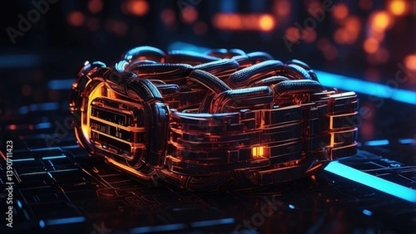 Obraz A conceptual illustration of a glowing chain link in red and blue hues,
