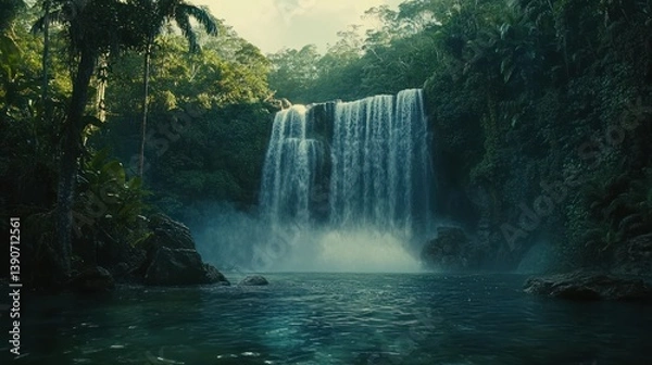 Fototapeta Lush rainforest waterfall cascading into tranquil pool, ideal for travel and nature posters
