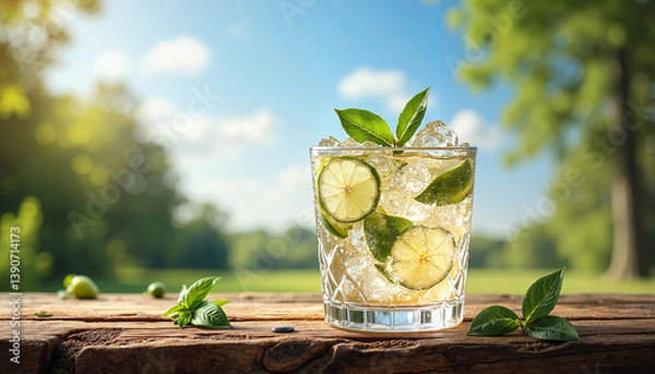 Fototapeta gin and tonic cocktail on a rustic wooden table outdoors, natural setting during a sunny afternoon with a clear blue sky, angled view showing both the glass and the table texture, sunlight casting gen