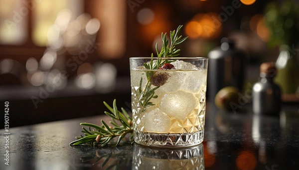 Fototapeta  solitary glass of gin and tonic with a sprig of rosemary and juniper berries inside, elegant indoor setting with a blurred bar background, side view capturing the frosted glass effect, ambient warm l