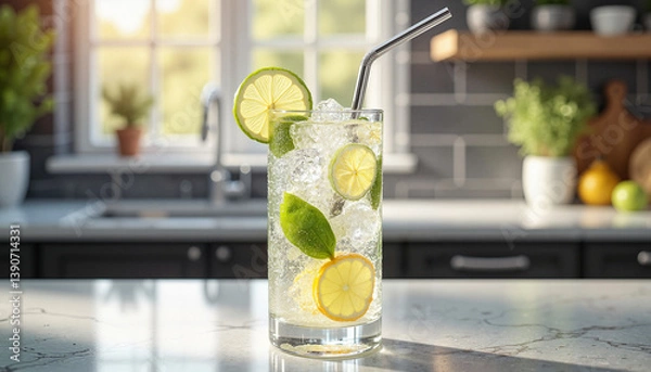 Fototapeta refreshing gin and tonic served in a tall glass with a metal straw, contemporary kitchen setting with sleek countertops and morning light, frontal view highlighting the glass's transparency and clarit