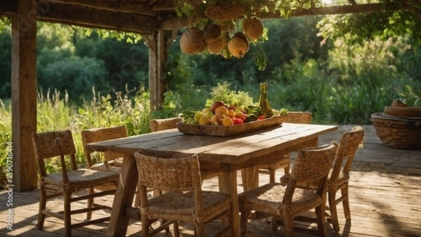 Fototapeta Sunlit rustic dining area features wooden table adorned with fresh fruits, surrounded by wicker chairs. Setting exudes countryside charm, with dried herbs, gourds hanging from sheltered space.