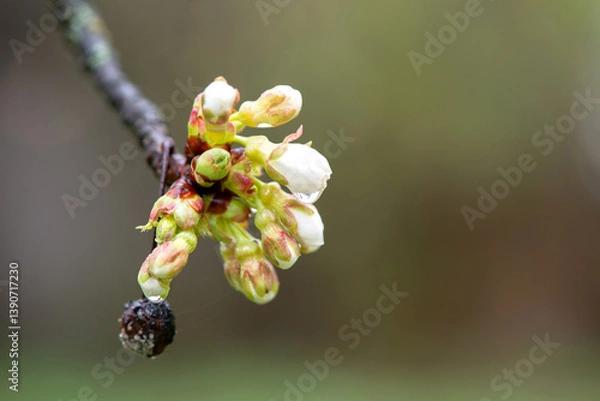 Fototapeta Close up of blossoming cherry branches - selective focus, copy space.