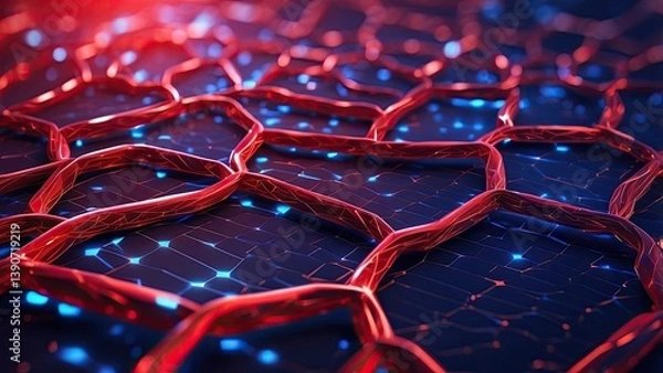 Obraz A conceptual illustration of a glowing chain link in red and blue hues,