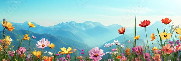 Fototapeta wide panoramic closeup illustration of different color flowers and plants with mountain range landscape background 