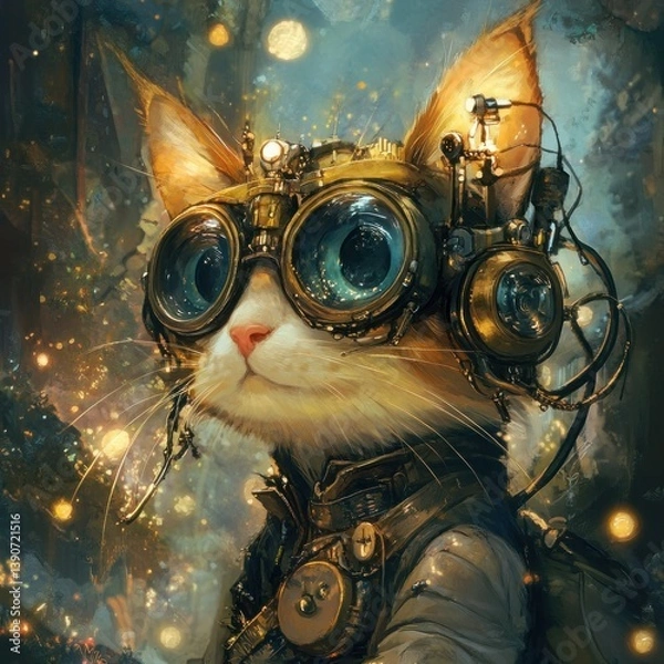 Obraz Steampunk cat exploring glowing forest