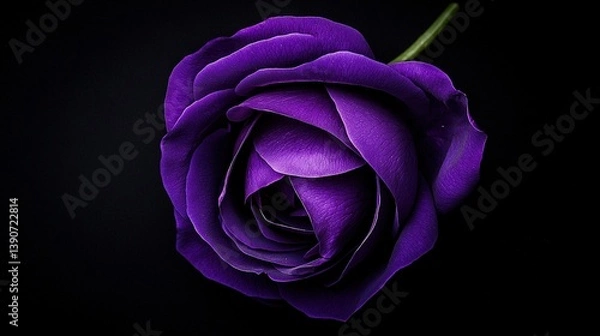 Fototapeta   A close-up image of a purple rose on a dark background with a drop of water centered