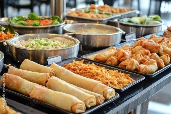 Fototapeta Diverse Asian Menu: A Tempting Selection of Spring Rolls, Samosas, Fried Noodles, Soup, Rice, and Dumplings