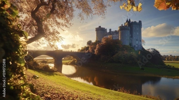 Fototapeta Malahide castle at sunset near dublin, ireland, with bridge and river