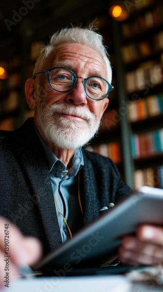Fototapeta Elderly man attending an online course on a tablet,