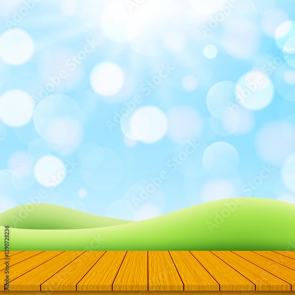 Obraz Empty wooden table with green hills and blue sky