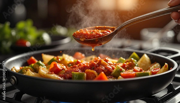 Fototapeta spoonful of Harissa being added to a pan, kitchen stovetop setting with sautéing vegetables in the background, side view from a close-up angle, warm artificial kitchen light creating a cozy cooking am