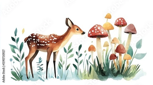 Obraz   Watercolor painting of deer in mushroom field with baby deer