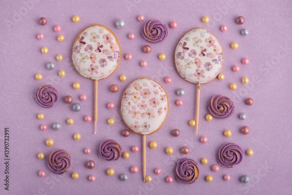 Fototapeta Easter decor for cake: easter eggs, colorful sugar sparkles and flowers on pastel purple background. Top view
