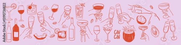 Fototapeta Coquette cocktail set. Tropical drinks with lemon, coconut. Wine, champagne line art drawings. Hand drawn bar elements for menu, party, invitation. Doodle sketch style.	