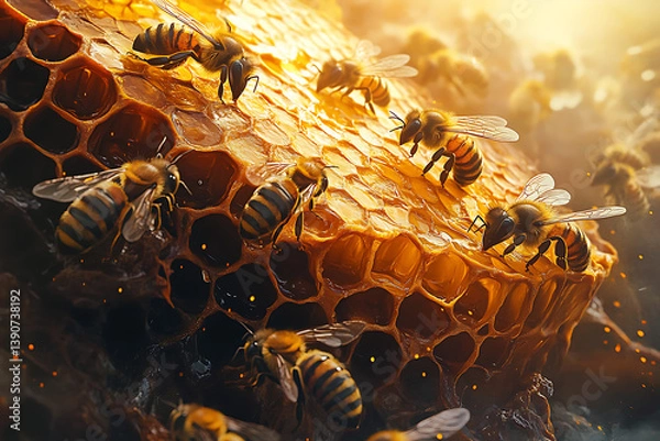 Fototapeta Macro shot of honeycomb with honey bees and golden sunbeams highlighting intricate details