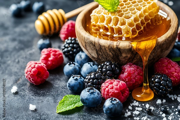 Fototapeta Honeycomb dripping with golden honey and fresh berries in a rustic wooden bowl