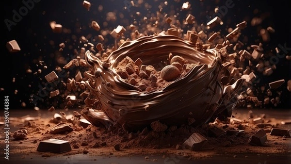 Obraz Chunks of milk chocolate and cocoa powder explode against a dark background