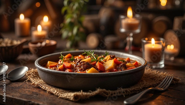 Fototapeta table set with a bowl of hunter's stew as the centerpiece, cozy dining room with soft lit candles on the table, evening ambiance with warm tones
