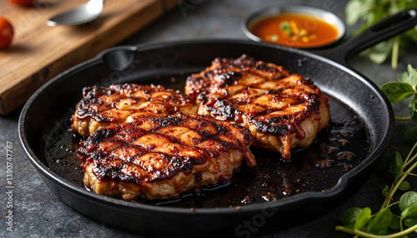 Fototapeta  whole kangaroo steak with charred edges, resting on a cast-iron skillet,  small bowl of dipping sauce on the side