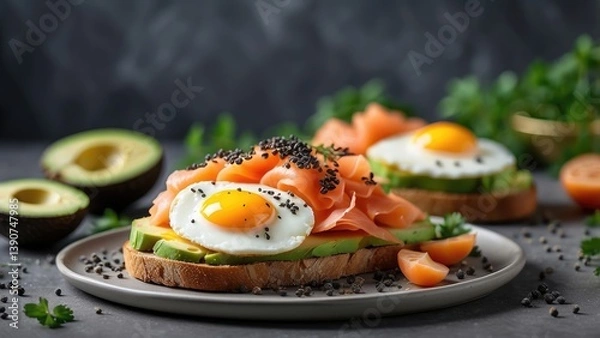 Obraz Two pieces of whole grain toast topped with slices of avocado
