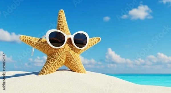Fototapeta A yellow starfish is standing upright on a white sandy beach, wearing a pair of white sunglasses. The background features a clear blue sea and a bright blue sky with scattered white clouds.