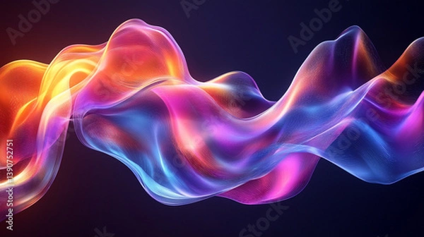 Fototapeta A 3D crystal glass liquid wave with holographic effects, showcasing a fluid ribbon with rainbow gradient, isolated against a dark background. Refraction creates a mesmerizing splash